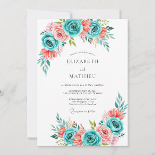 Convites Casamento Flor de Coral Turquesa Pintado