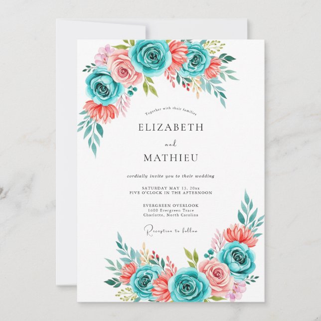 Convites Casamento Flor de Coral Turquesa Pintado (Frente)