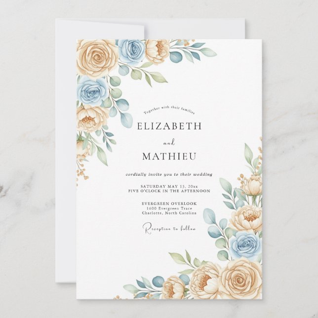 Convites Casamento Flor de Creme Azul Etéreo (Frente)