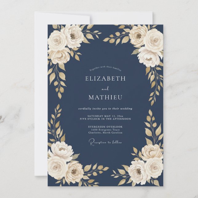Convites Casamento Flor de Creme da Meia-Noite (Frente)