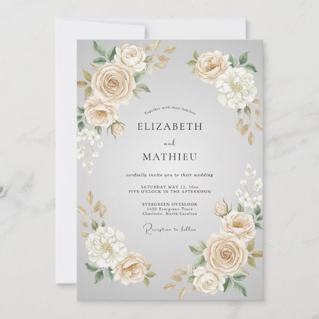 Convites Casamento Flor de Creme de Marfim (Frente)