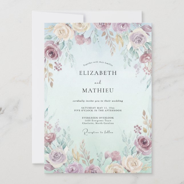 Convites Casamento Flor de Creme Marfim Ameixa (Frente)