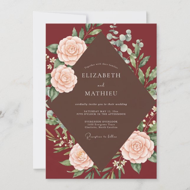Convites Casamento Flor de Desabrochar Bege Vinho (Frente)