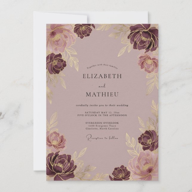 Convites Casamento Flor de Dourado Malva (Frente)