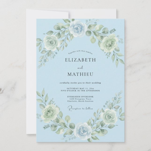 Convites Casamento Flor de Elegância Azul Céu (Frente)