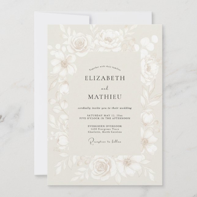 Convites Casamento Flor de Elegância em Marfim (Frente)