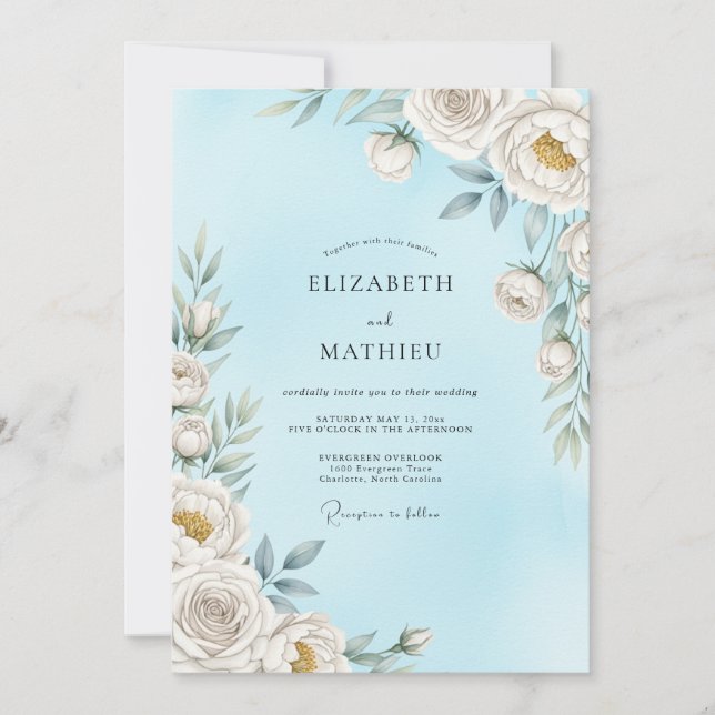 Convites Casamento Flor de Éter Azul Céu (Frente)