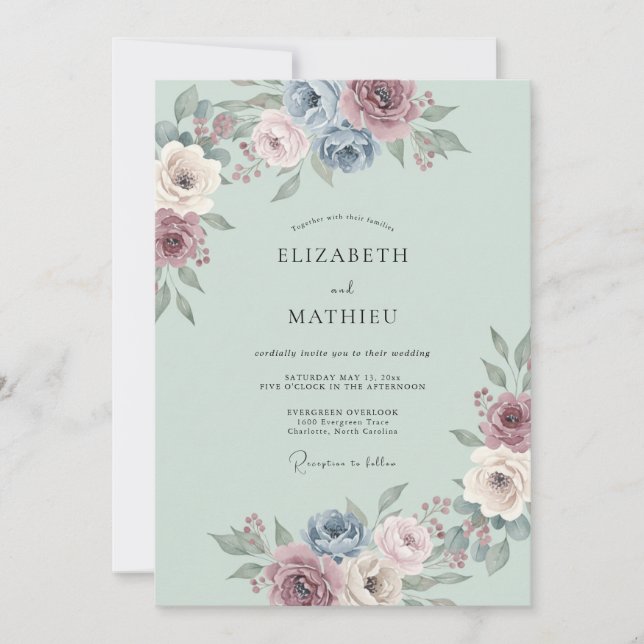 Convites Casamento Flor de Éter Azul Empoeirado (Frente)
