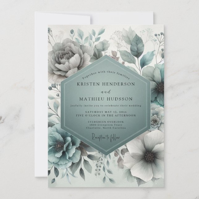 Convites Casamento Flor de Éter Teal (Frente)