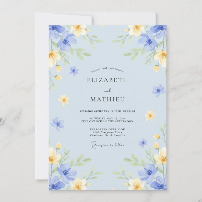 Convites Casamento Flor de Fantasia Azul Pálido (Frente)