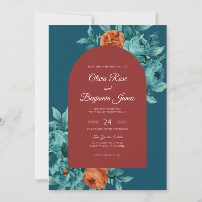 Convites Casamento Flor de Ferrugem Teal (Frente)