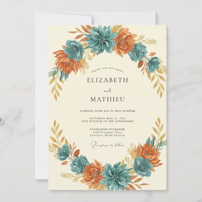 Convites Casamento Flor de Ferrugem Turquesa (Frente)