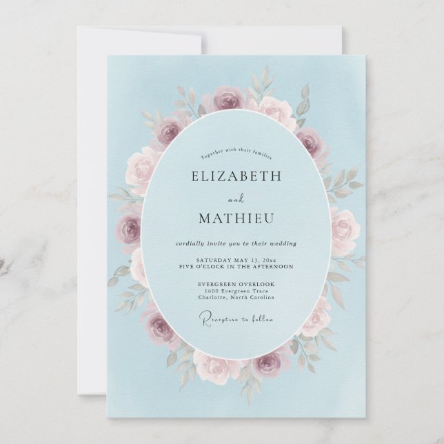 Convites Casamento Flor de Floral Azul (Frente)