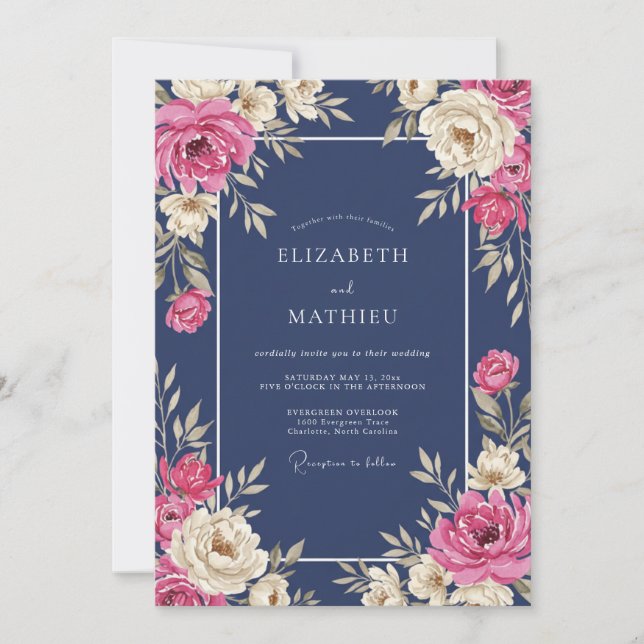 Convites Casamento Flor de Fúcsia à Meia-Noite (Frente)
