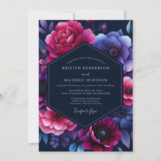 Convites Casamento Flor de Fúcsia Noturna (Frente)