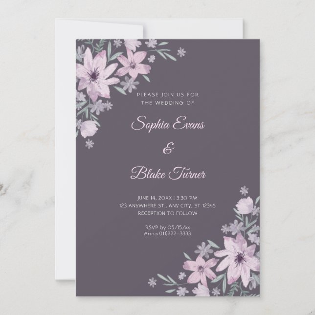 Convites Casamento Flor de Fumaça Cinza Flores Roxas Românt (Frente)
