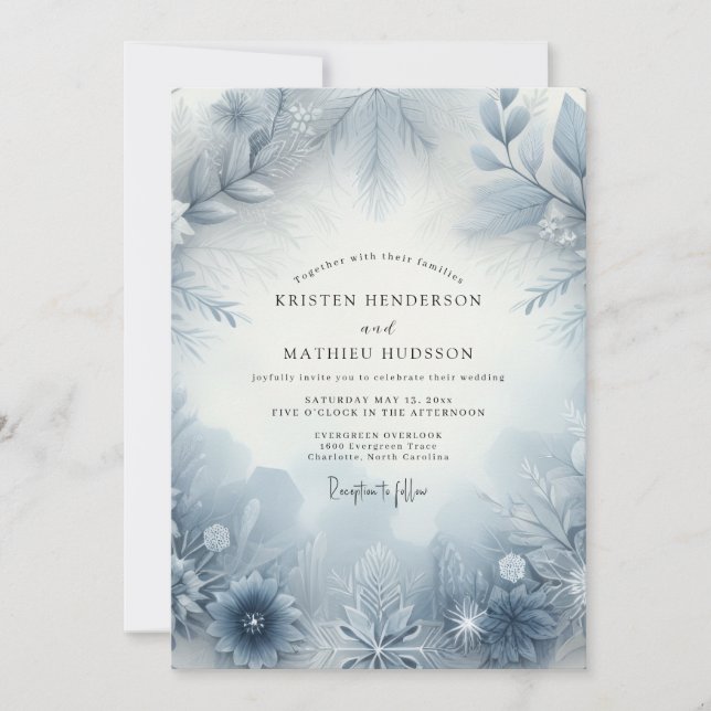 Convites Casamento Flor de Geada Azul Ardesia (Frente)