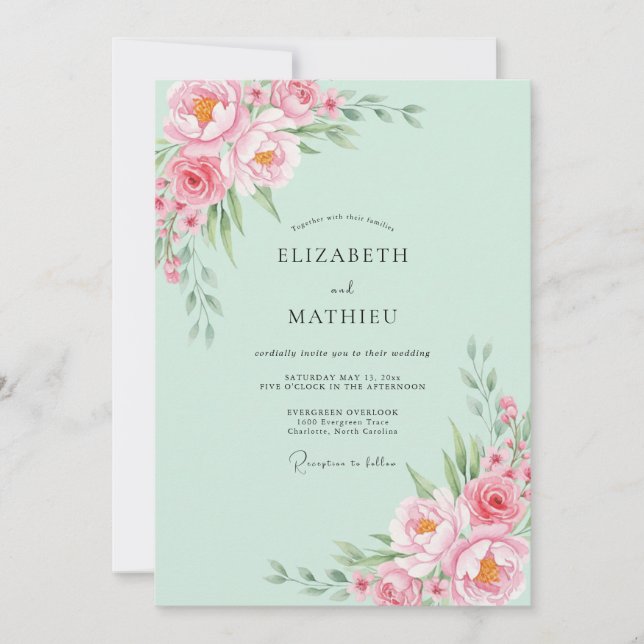 Convites Casamento Flor de Hortelã Pintada de Verde (Frente)