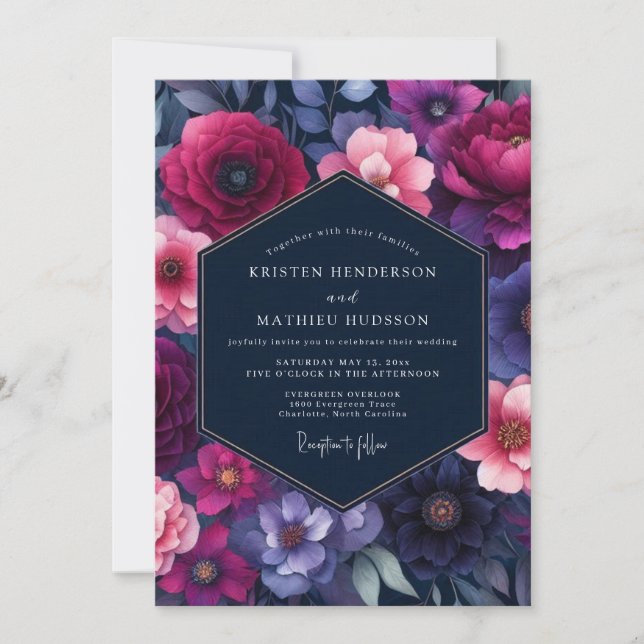 Convites Casamento Flor de Índigo Fúcsia (Frente)