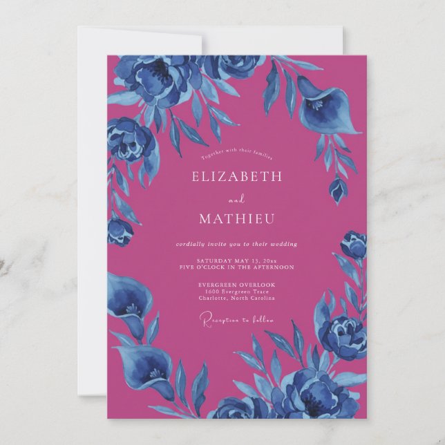 Convites Casamento Flor de Índigo Magenta (Frente)