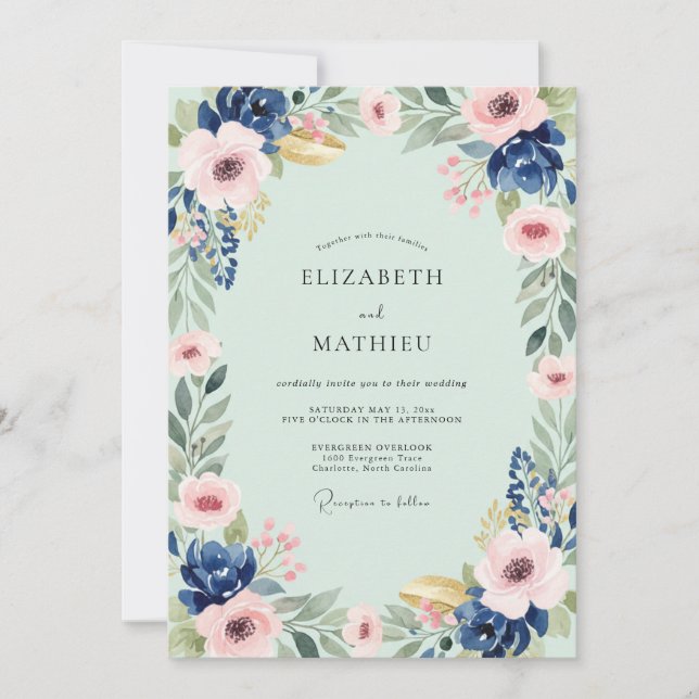 Convites Casamento Flor de Índigo Menta (Frente)