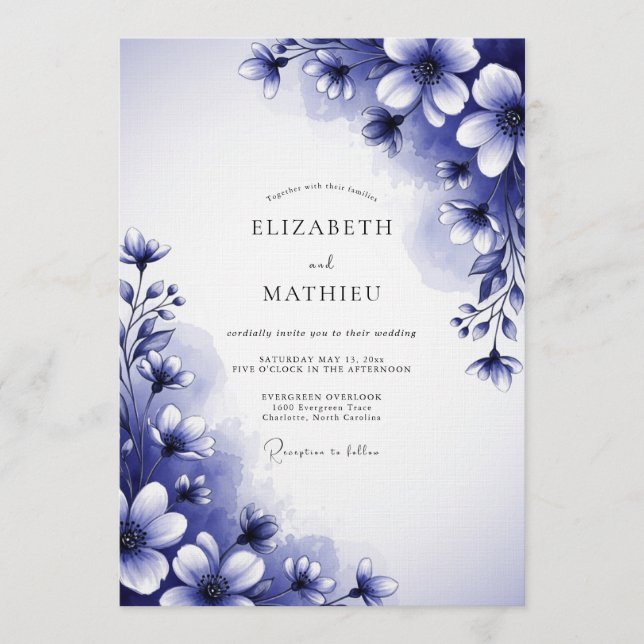 Convites Casamento Flor de Índigo Pintada (Frente)