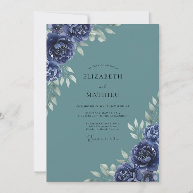 Convites Casamento Flor de Índigo Slate (Frente)