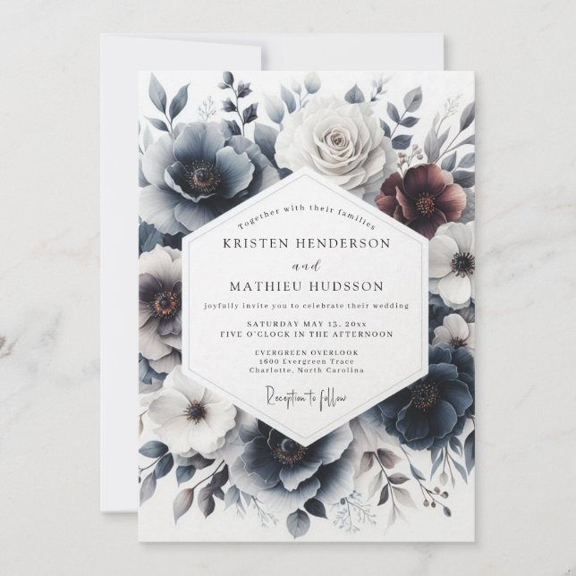 Convites Casamento Flor de Inverno Índigo (Frente)