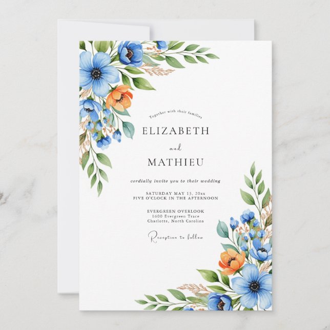 Convites Casamento Flor de Laranja Azul (Frente)