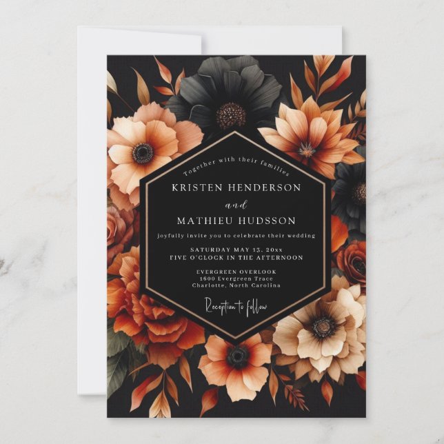 Convites Casamento Flor de Laranja Queimada Noir (Frente)
