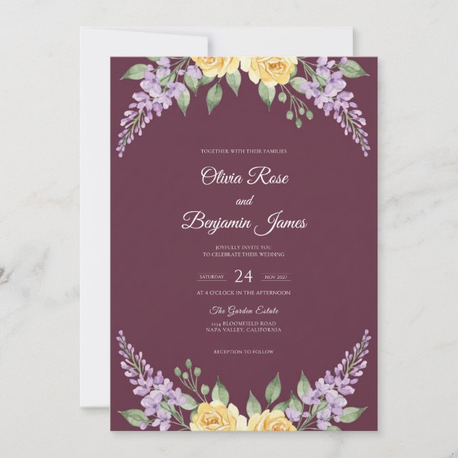 Convites Casamento Flor de Lavanda Ameixa (Frente)