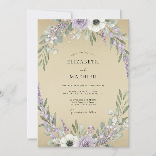 Convites Casamento Flor de Lavanda Areia (Frente)