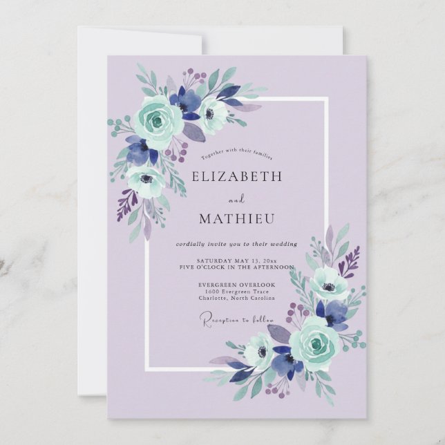 Convites Casamento Flor de Lavanda Azul (Frente)