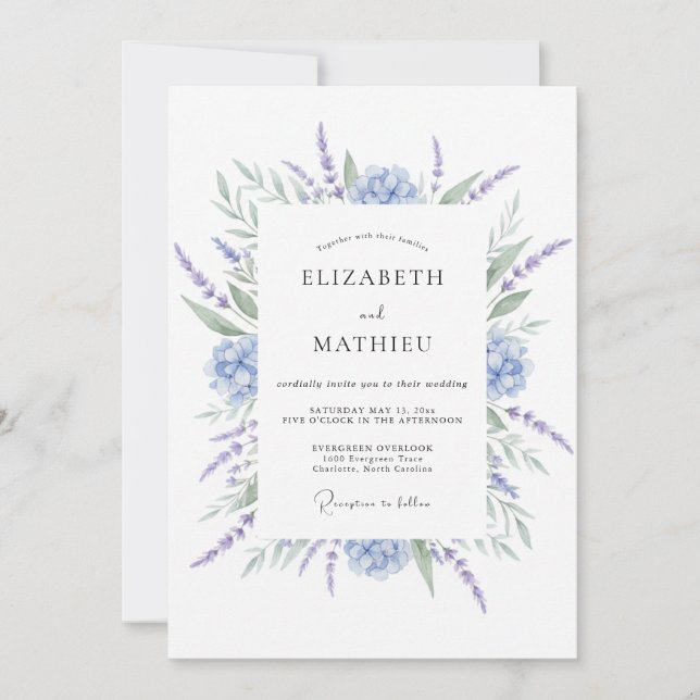 Convites Casamento Flor de Lavanda Azul Empoeirado (Frente)