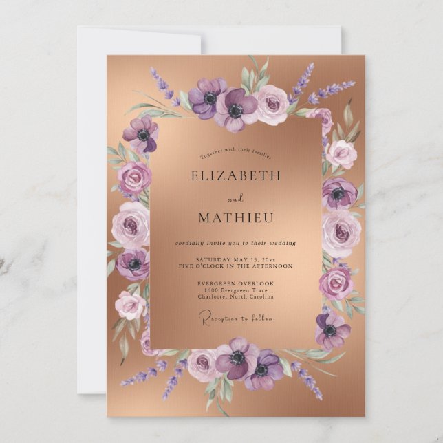 Convites Casamento Flor de Lavanda em Rose Gold (Frente)