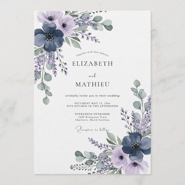 Convites Casamento Flor de Lavanda Etérea Marinho (Frente)