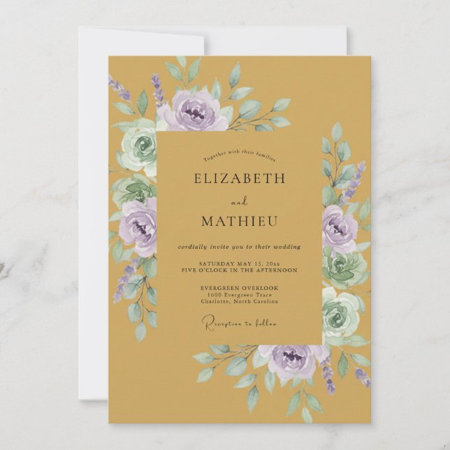 Convites Casamento Flor de Lavanda Mostarda Etérea (Frente)