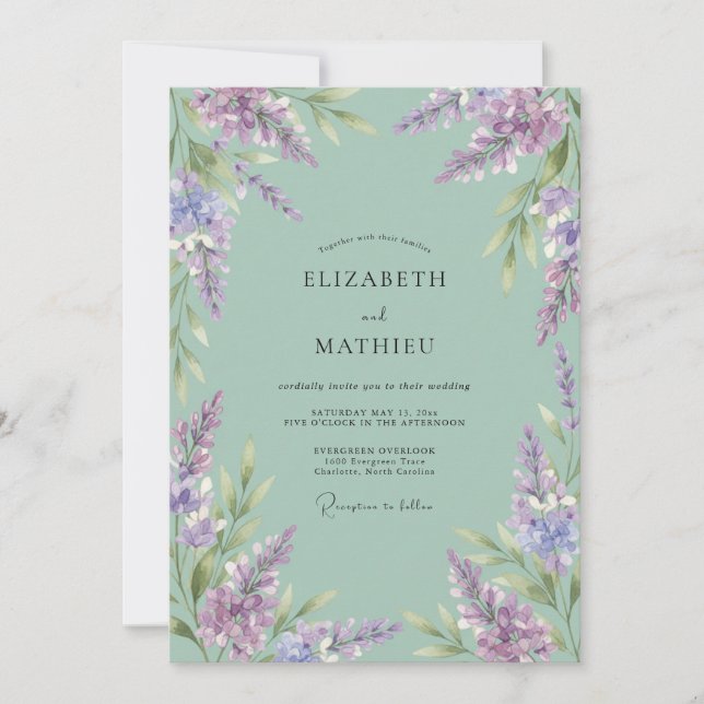 Convites Casamento Flor de Lavanda Verde Salvia (Frente)