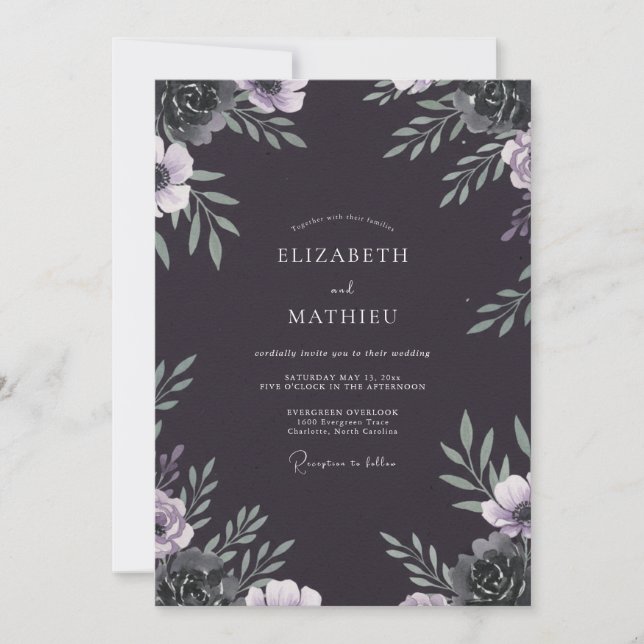 Convites Casamento Flor de Lilás Carvão (Frente)