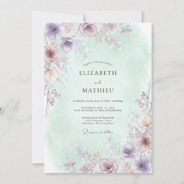 Convites Casamento Flor de Lilás Etéreo Pálido (Frente)