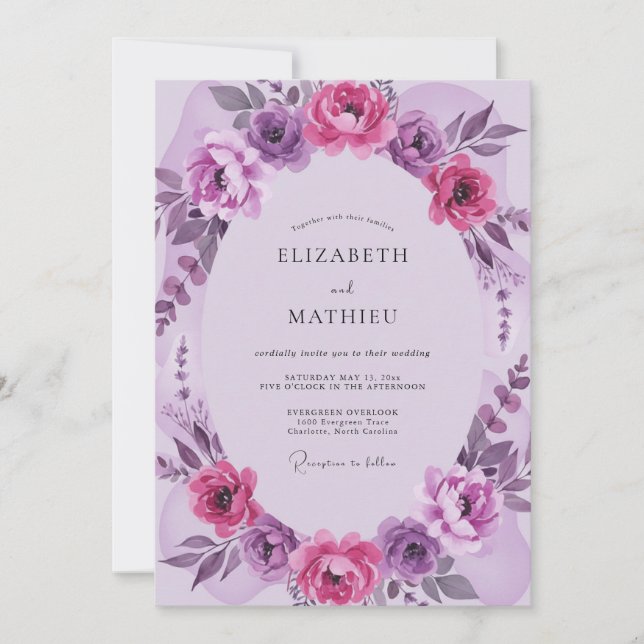 Convites Casamento Flor de Lilás Magenta (Frente)
