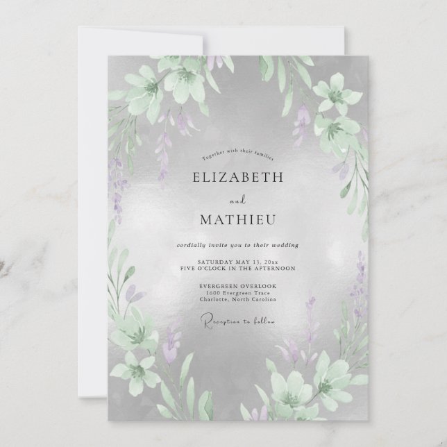 Convites Casamento Flor de Lilás Prateado (Frente)