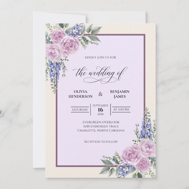 Convites Casamento Flor de Lilás Roxo (Frente)