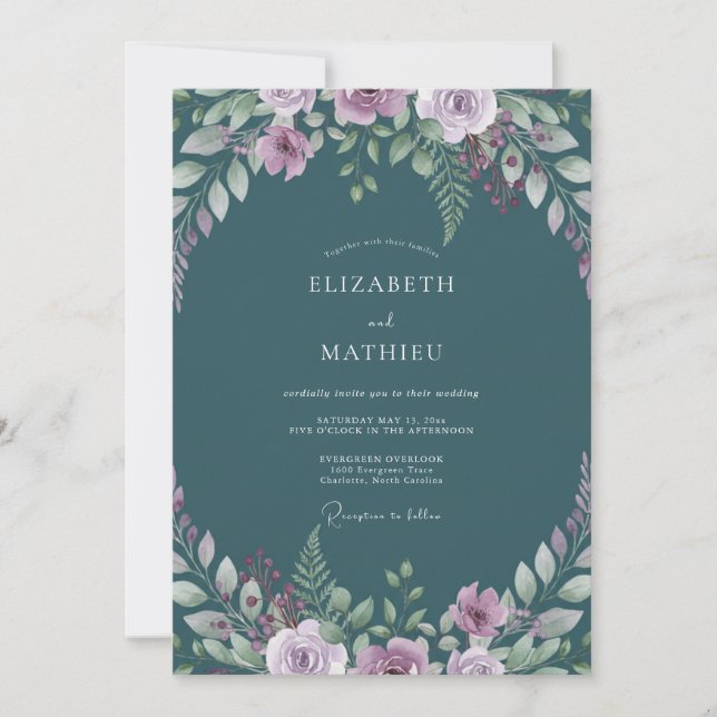 Convites Casamento Flor de Lilás Turquesa (Frente)
