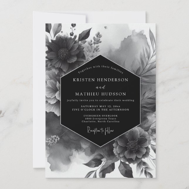 Convites Casamento Flor de Luxo Preto (Frente)