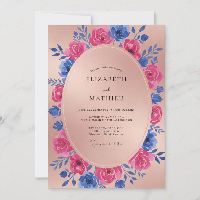 Convites Casamento Flor de Magenta Cobalto (Frente)