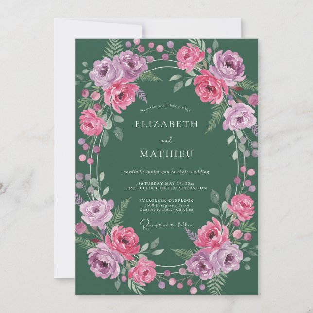 Convites Casamento Flor de Magenta Ranunculus Eucalipto (Frente)