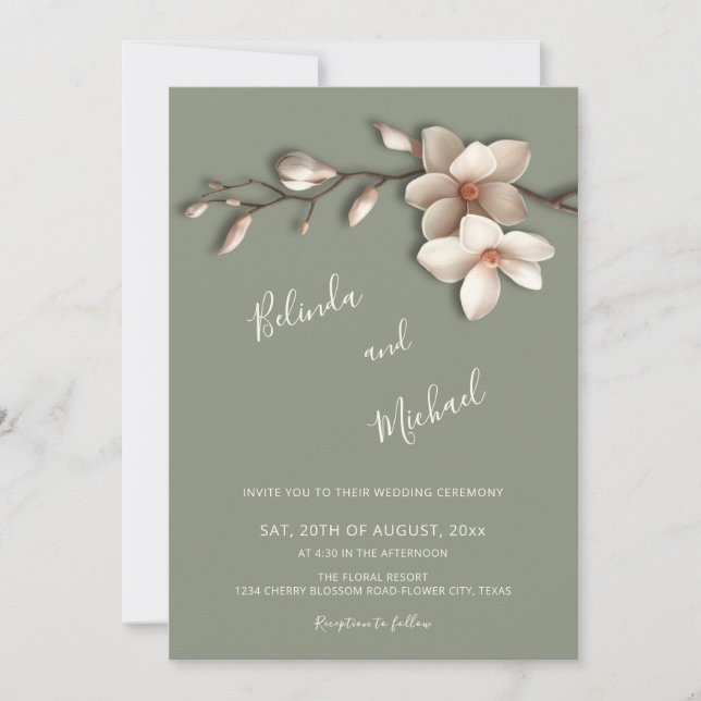 Convites Casamento Flor de Magnólia Off White Falso Relevo (Frente)