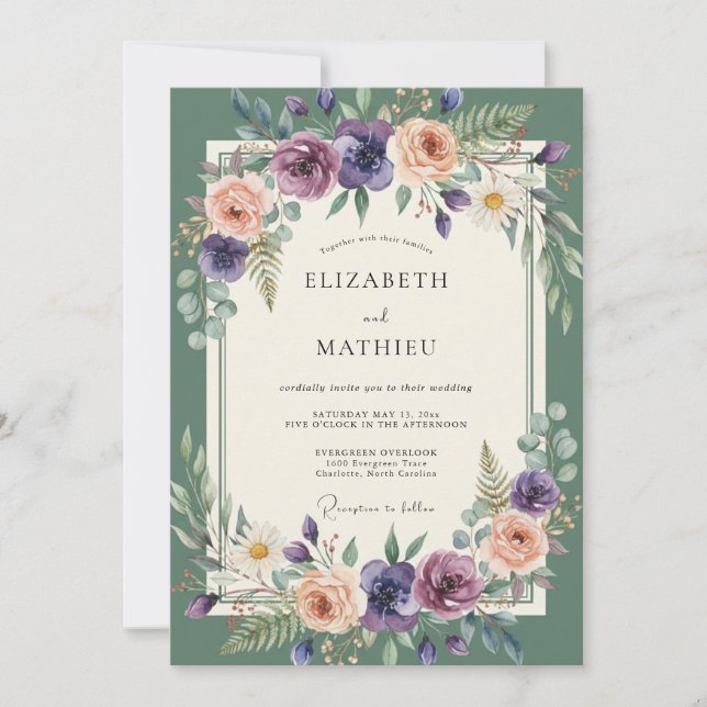 Convites Casamento Flor de Maio Roxo Esmeralda (Frente)