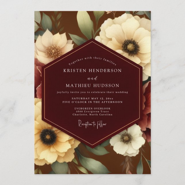 Convites Casamento Flor de Marfim Borgonha (Frente)
